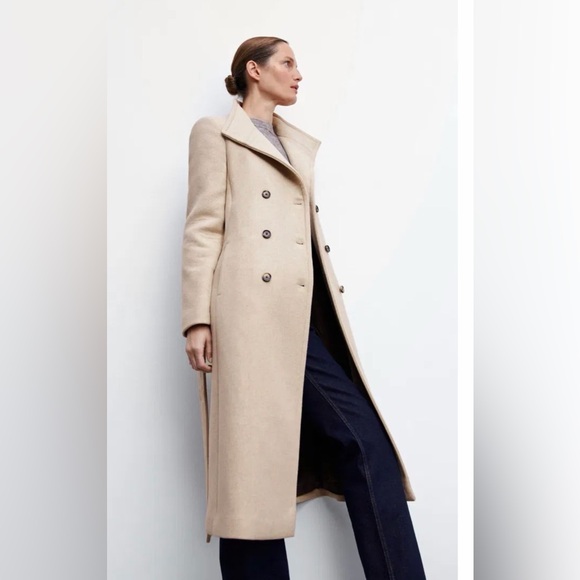 Mango Menteco Wool Blend Double Breasted Tailored Classic Tan Belted Coat - Picture 4 of 11